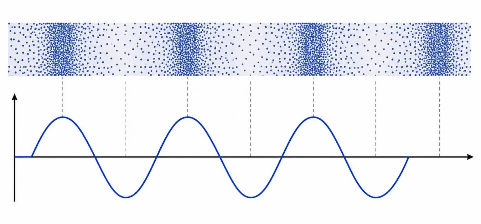 Relació entre una ona sonora longitudinal i la seva representació temporal en forma d’ona.
